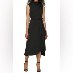 DKNY Asymmetric Mock Neck Sleeveless Belted Midi Dress NWT